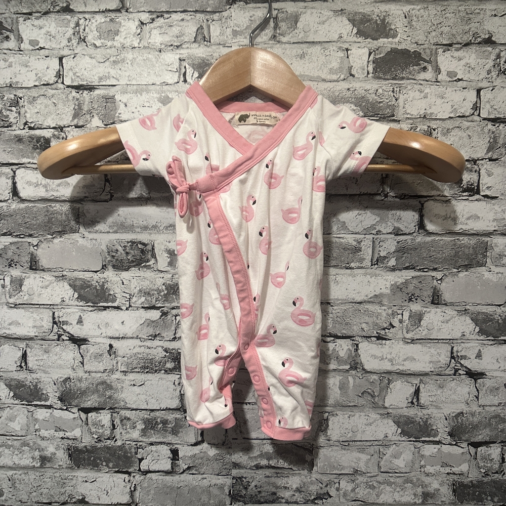 EUC Monica + Andy Pink and White Flamingo Baby Snap Up One Piece Size 0-3 Months